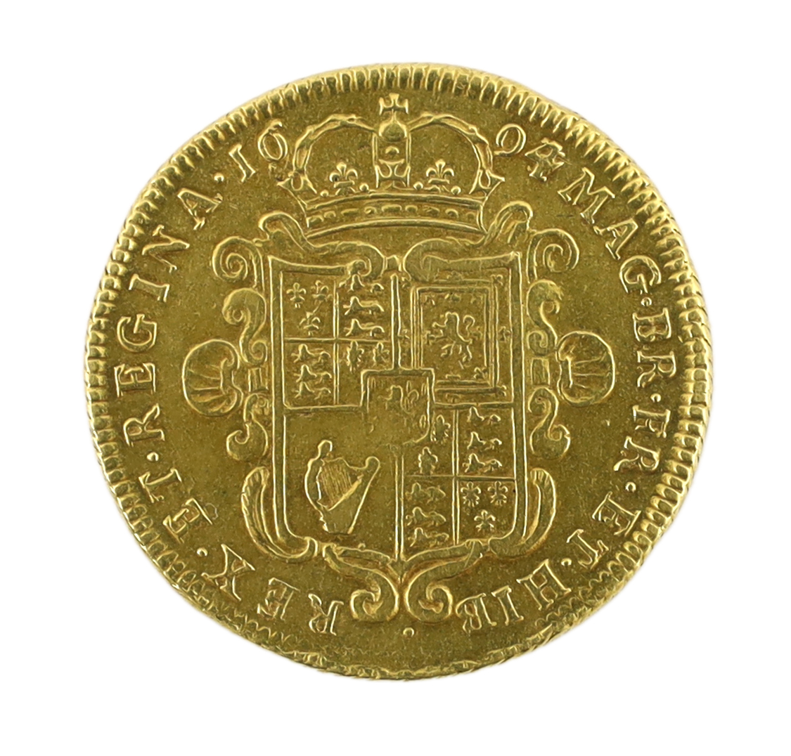 British gold coins, William and Mary two guineas, 1694/3, edge nicks and wear, scratched initials below bust, otherwise good F (S3424)